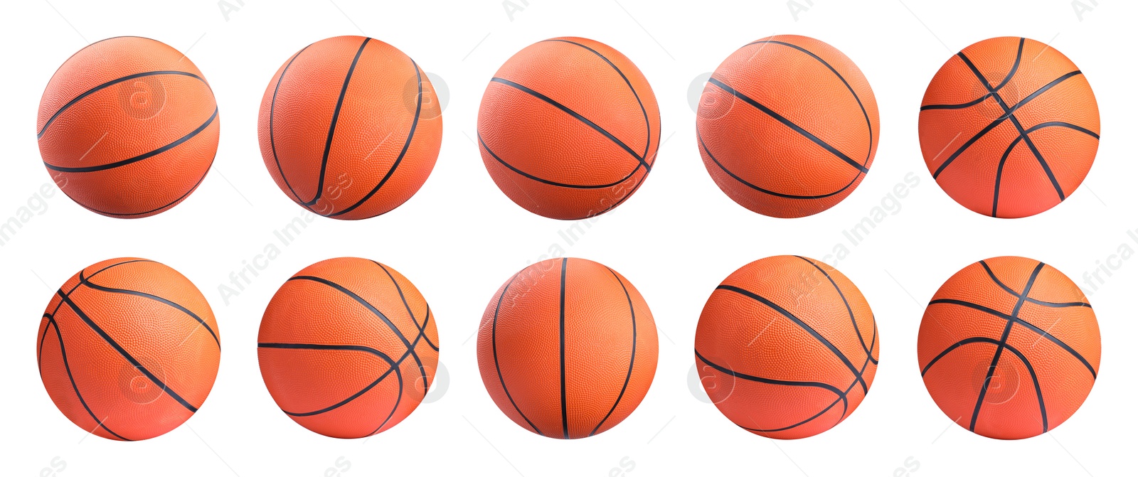 Image of Set with bright basketball balls on white background. Banner design 