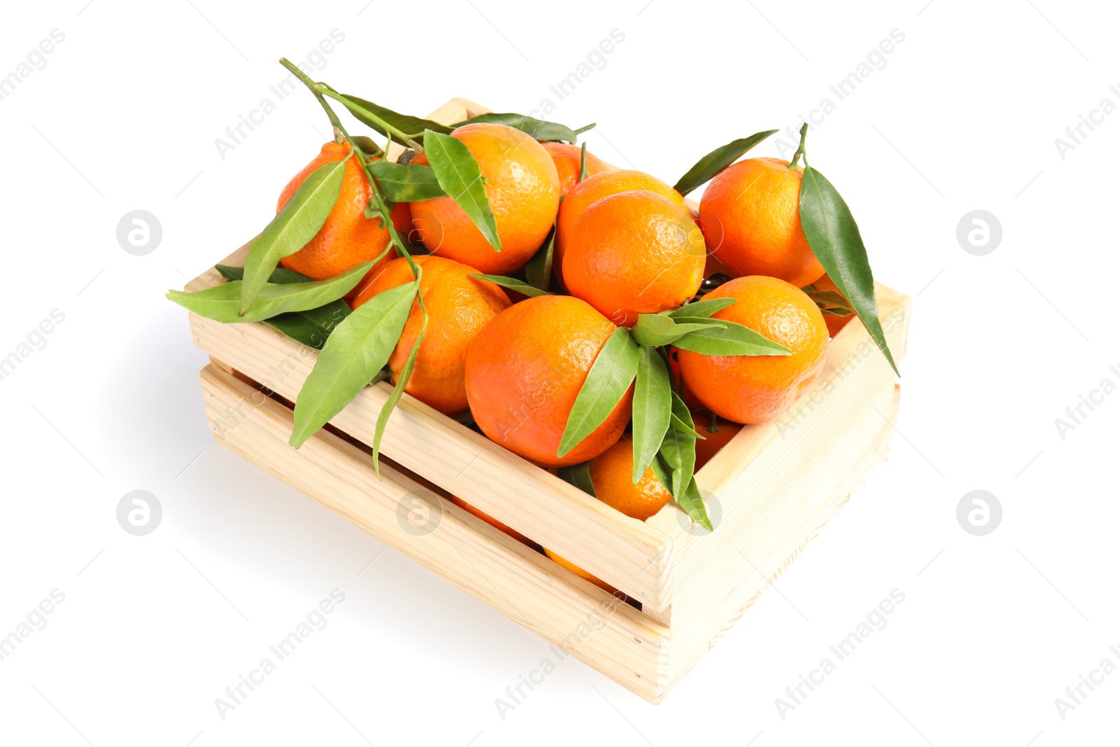 Photo of Wooden crate with tasty ripe tangerines on white background
