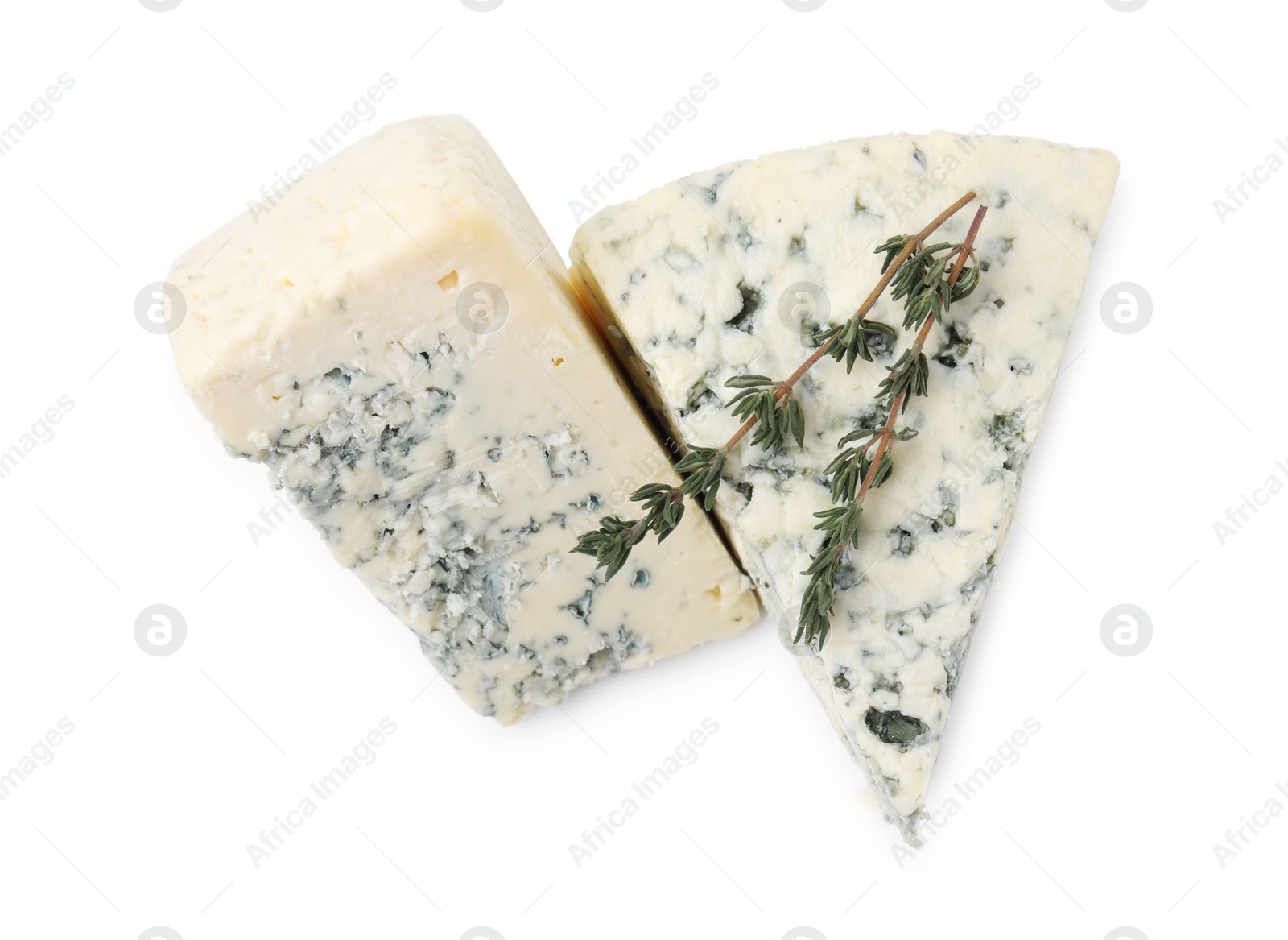 Photo of Tasty blue cheese with thyme isolated on white, top view