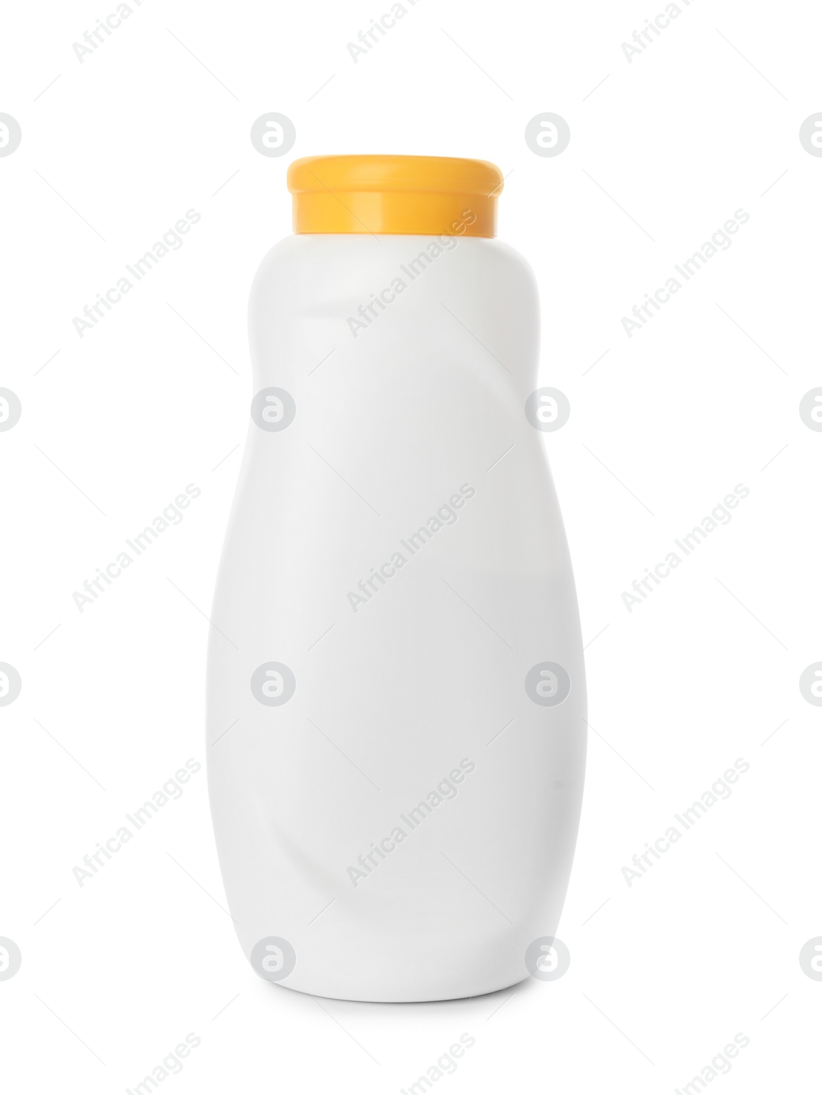 Photo of Bottle of dusting powder isolated on white, space for design. Baby cosmetic product