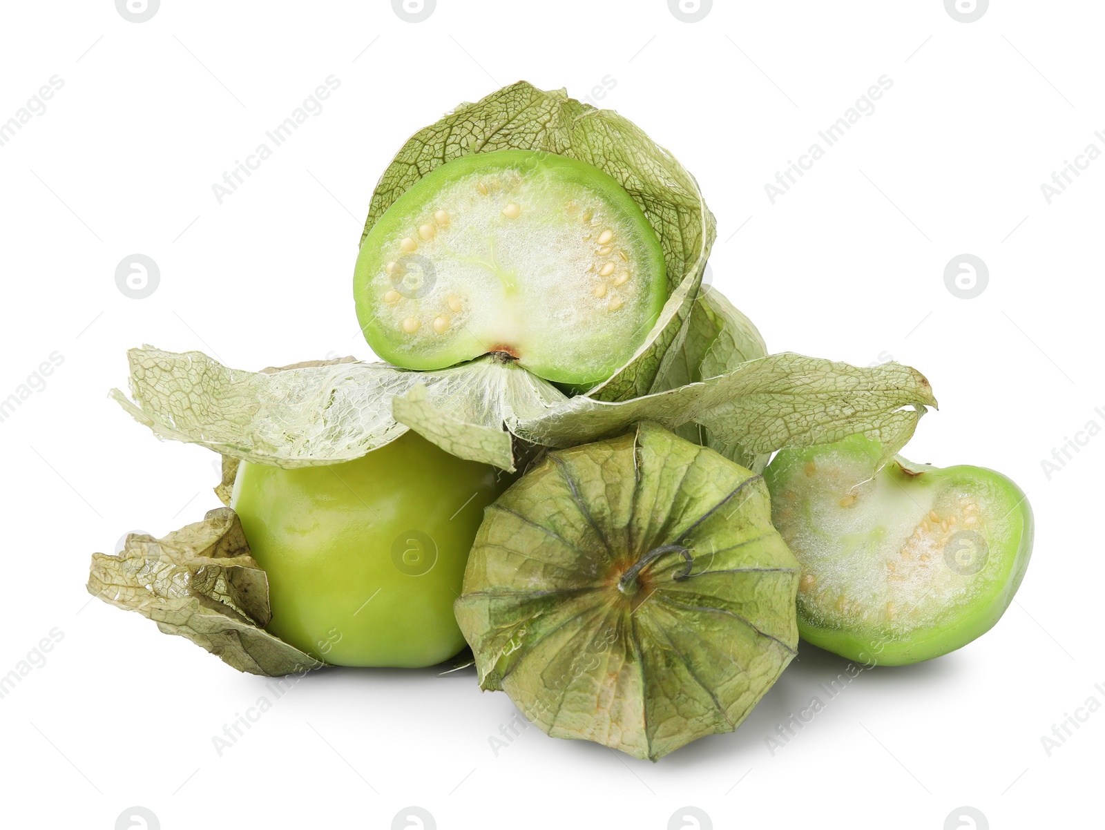 Photo of Fresh green tomatillos with husk isolated on white