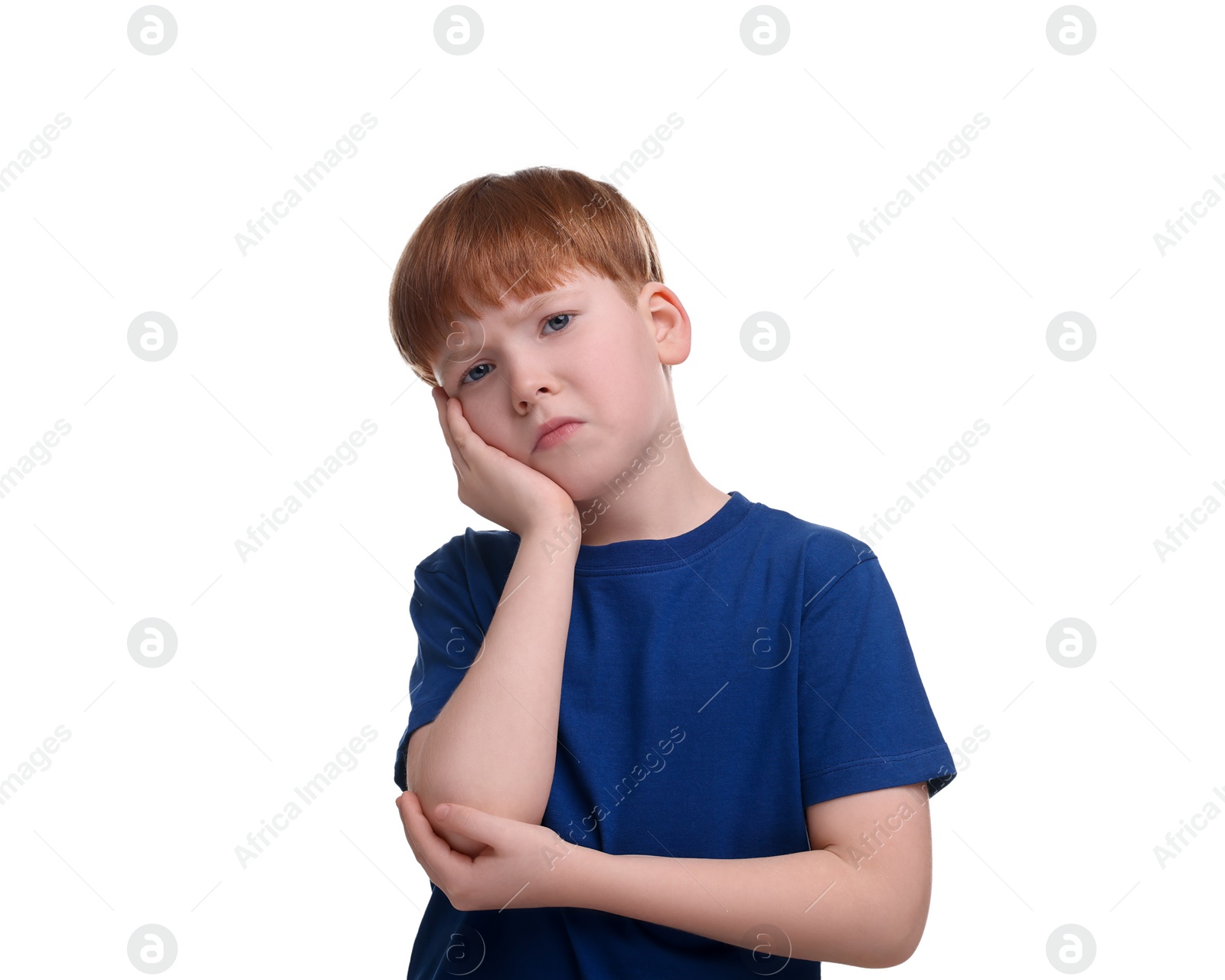 Photo of Portrait of sad little boy on white background