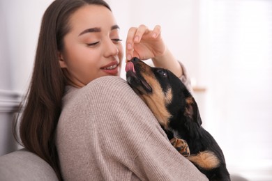 Woman with cute puppy indoors. Lovely pet