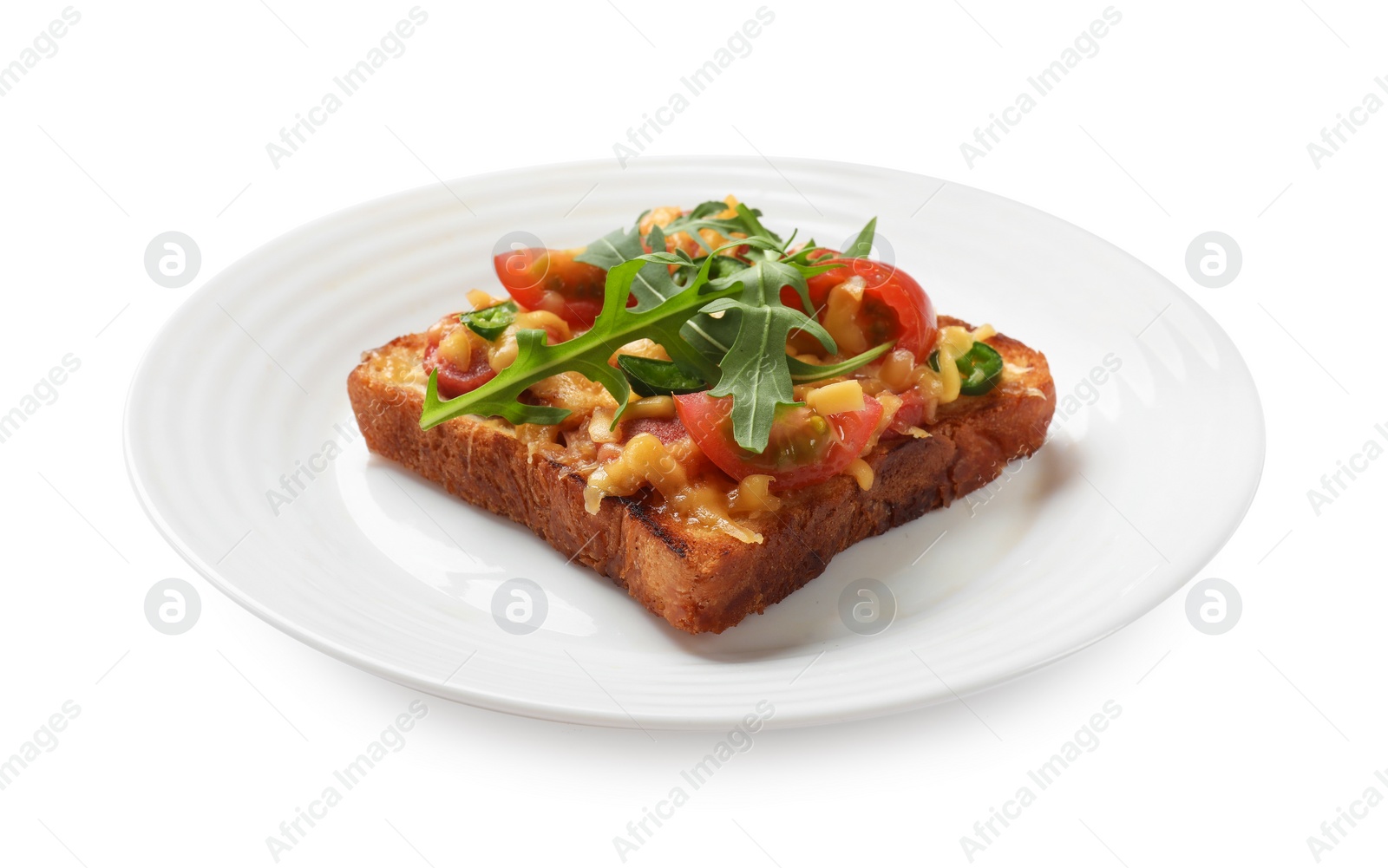 Photo of Plate with tasty pizza toast isolated on white