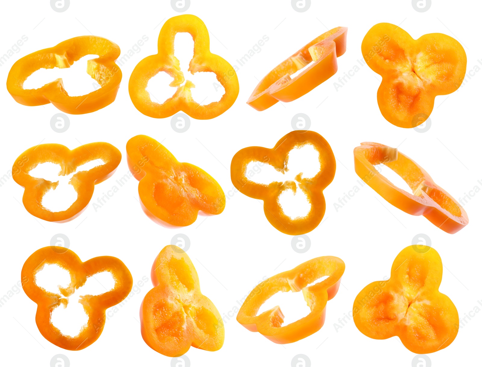 Image of Set of cut ripe orange bell peppers on white background