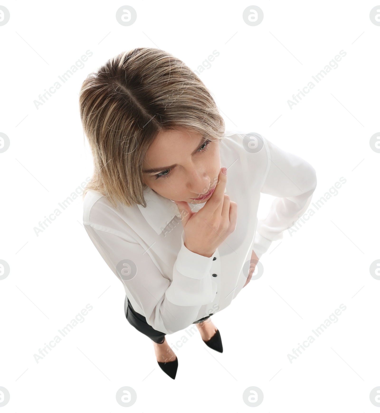 Photo of Young woman on white background, above view