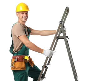 Photo of Professional constructor climbing ladder on white background