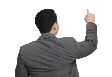 Businessman in suit posing on white background, back view