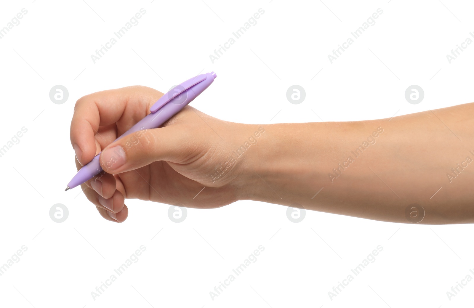 Photo of Young man holding pen on white background, closeup