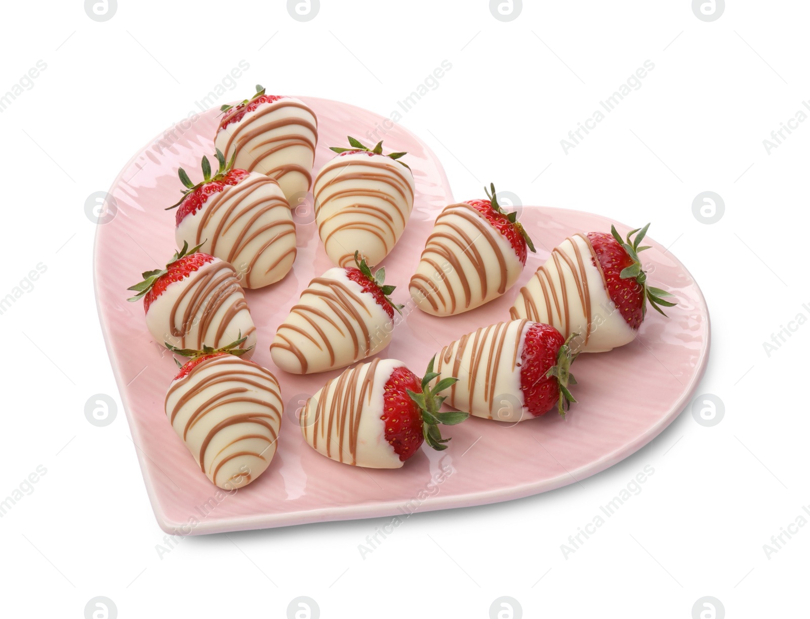 Photo of Heart shaped plate with delicious chocolate covered strawberries isolated on white