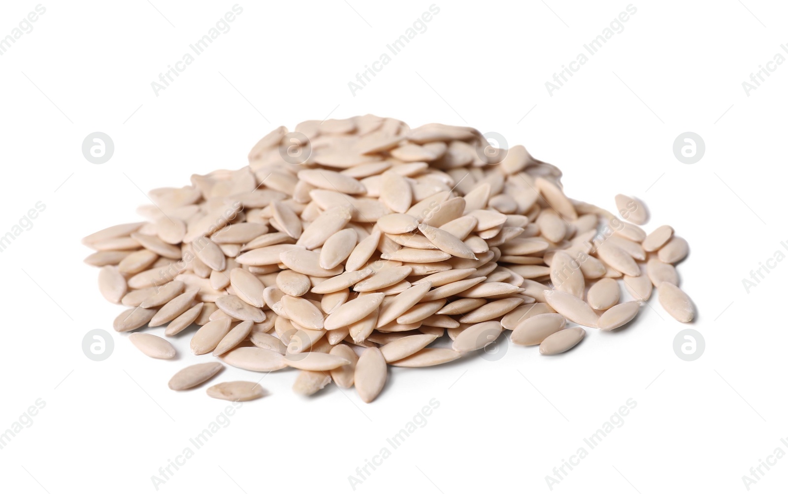 Photo of Pile of cucumber seeds on white background