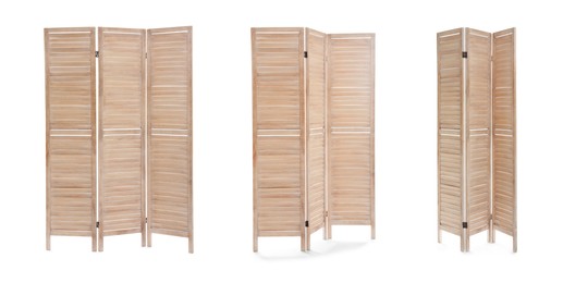 Image of Set with photos of wooden room divider screen on white background