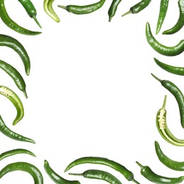Image of Frame madegreen chili peppers on white background 