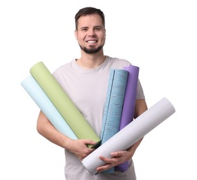 Man with wallpaper rolls on white background