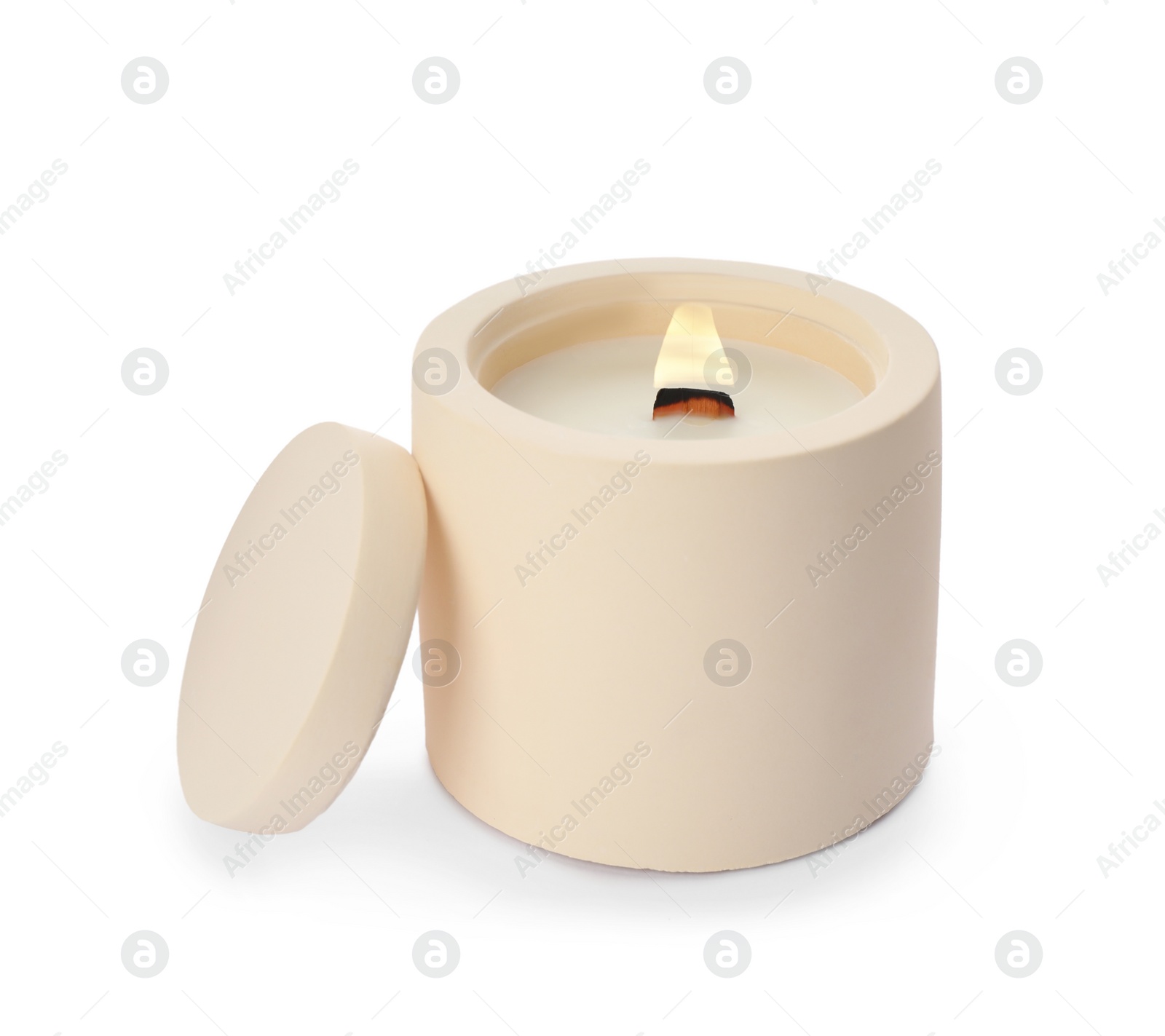 Photo of Aromatic soy candle with wooden wick isolated on white