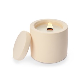 Photo of Aromatic soy candle with wooden wick isolated on white