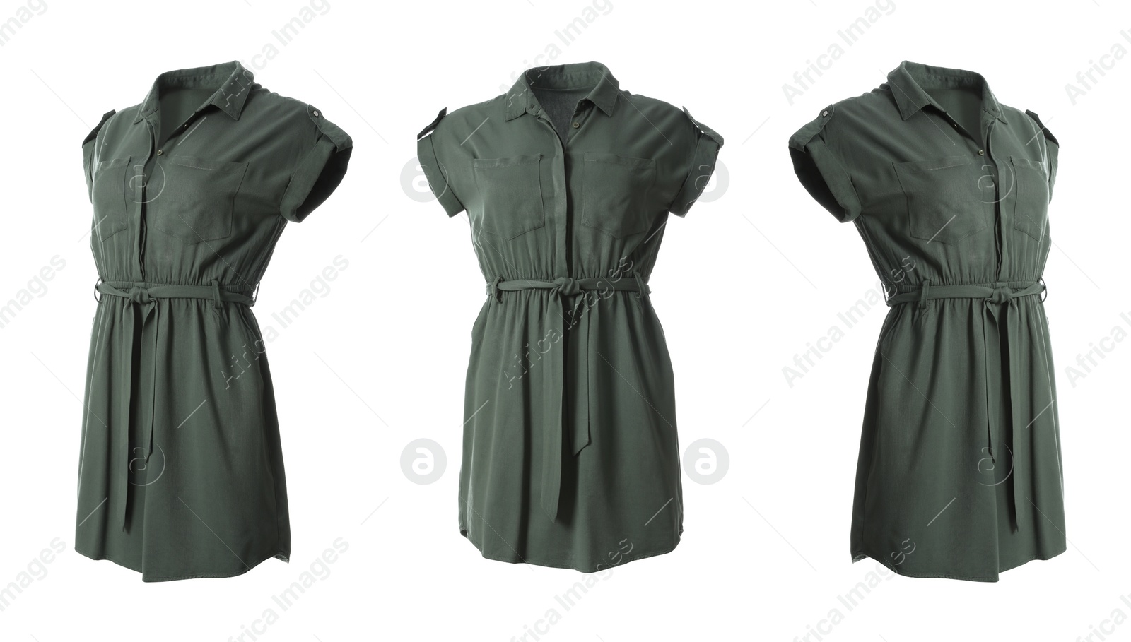 Image of Set of stylish grey shirt dresses from different views on white background
