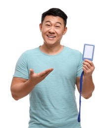 Happy asian man with vip pass badge on white background