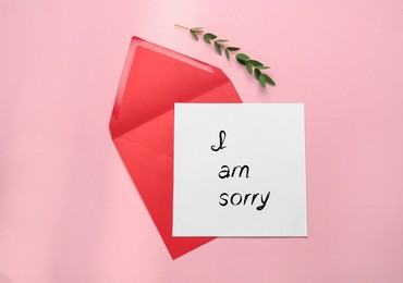 Image of Apology. Card with phrase I Am Sorry, red envelope and branch with leaves on pink background, flat lay