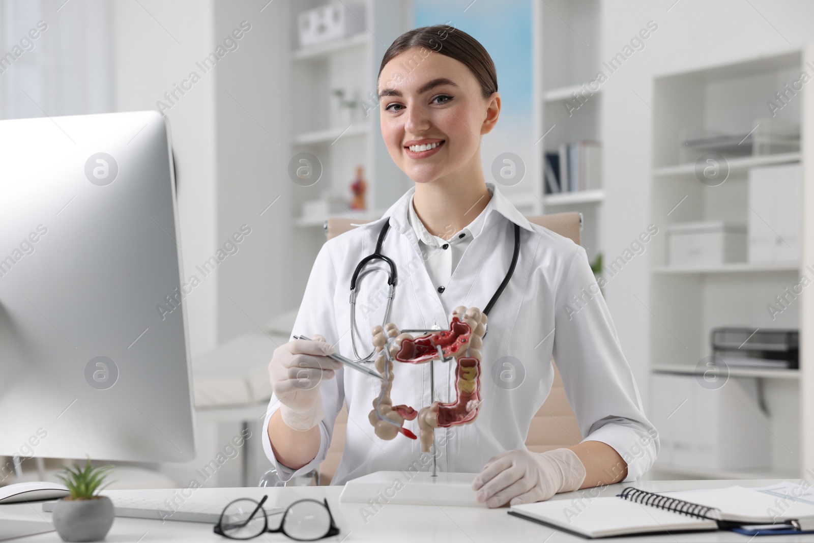 Photo of Gastroenterologist showing anatomical model of large intestine at table in clinic