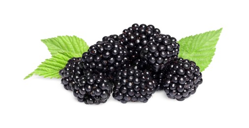 Photo of Pile of ripe blackberries with green leaves isolated on white