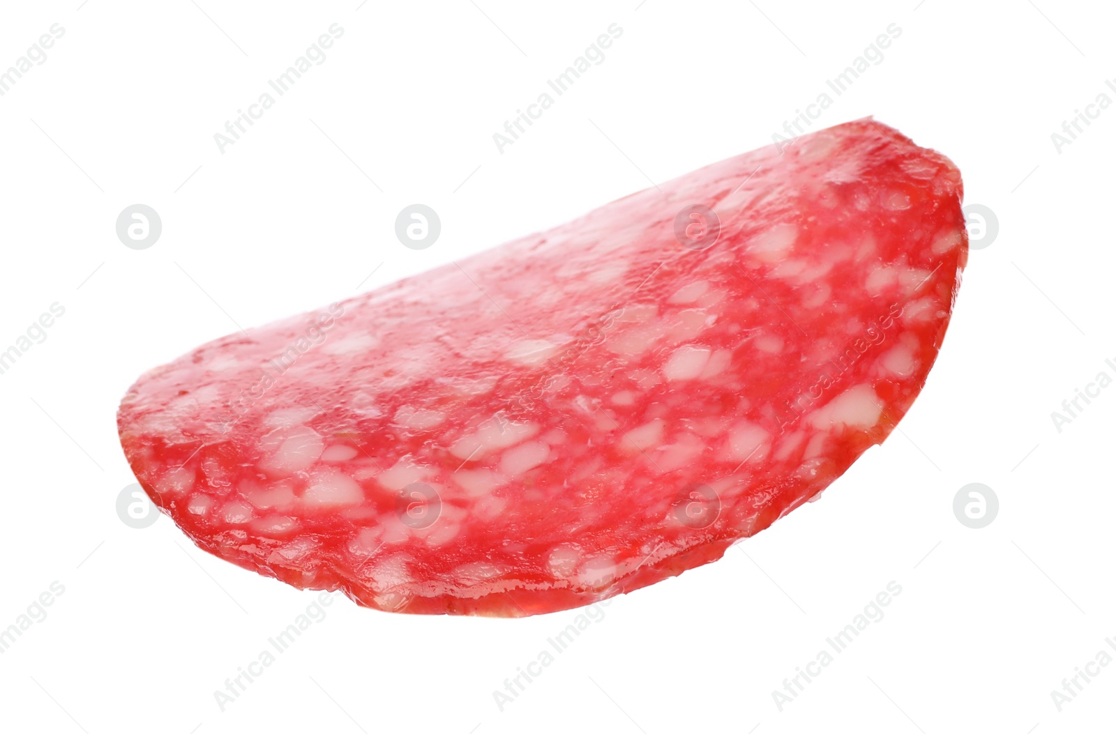 Photo of Cut fresh tasty sausage on white background