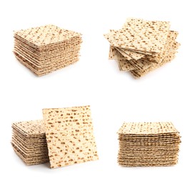 Image of Set with Passover matzos on white background. Pesach celebration