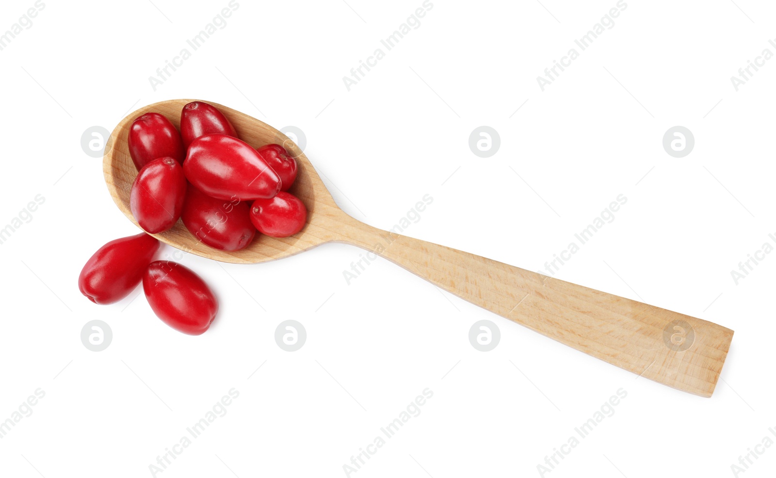 Photo of Fresh ripe dogwood berries and wooden spoon on white background, top view