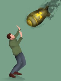 Illustration of Prevent nuclear war. Atomic weapon falling towards man who trying to evade it on green background, illustration