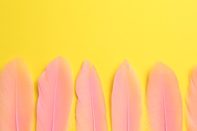 Beautiful pink feathers on yellow background, flat lay. Space for text