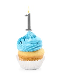 Photo of Birthday cupcake with number one candle on white background