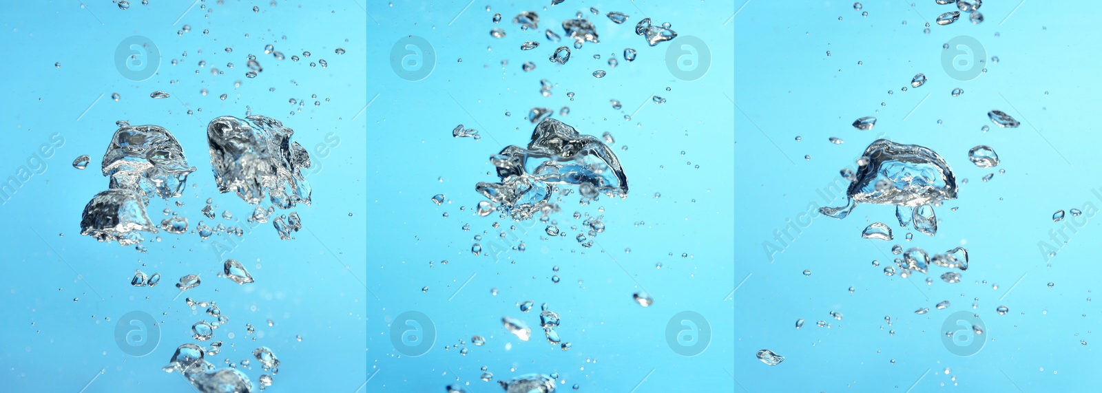 Image of Collage with air bubbles in water on light blue background