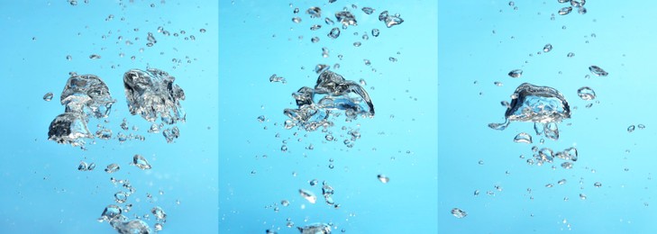 Image of Collage with air bubbles in water on light blue background