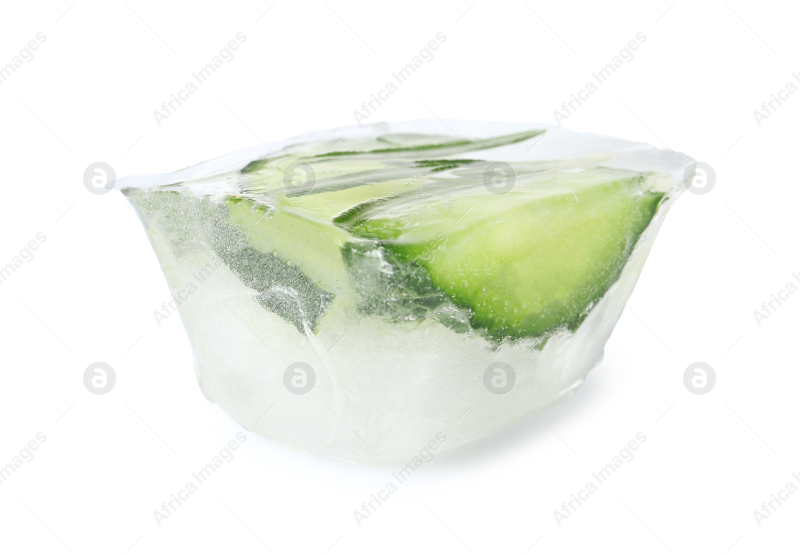 Photo of Ice cube with cucumber slices and rosemary on white background