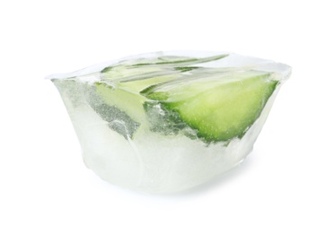Ice cube with cucumber slices and rosemary on white background