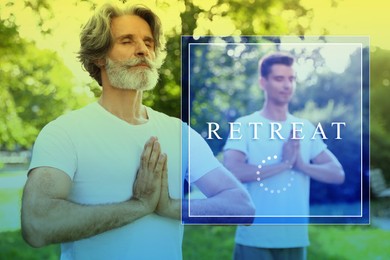 Image of Wellness retreat. Men meditating outdoors, color tone effect
