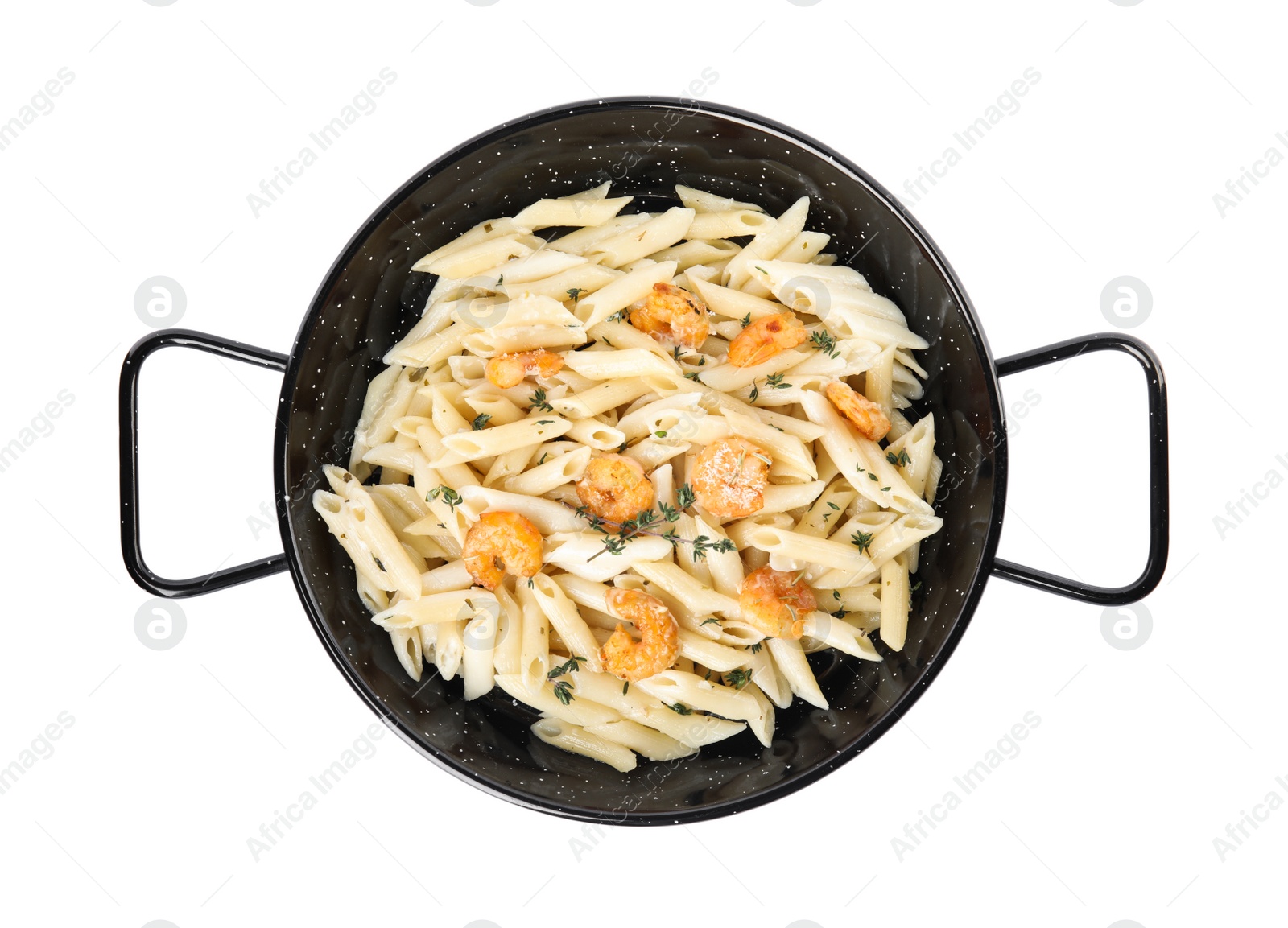 Photo of Delicious pasta with shrimps isolated on white, top view