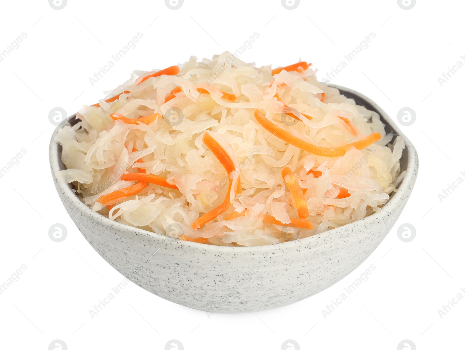 Photo of Bowl of tasty sauerkraut with carrot on white background