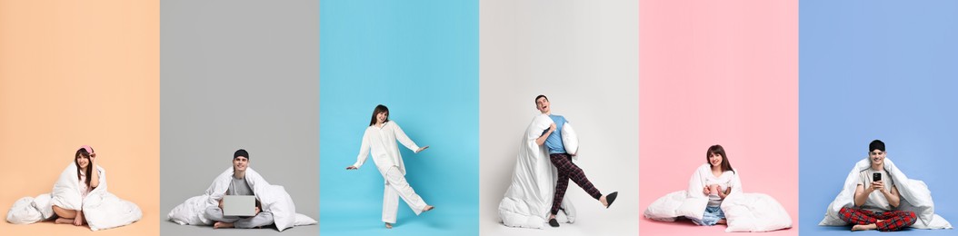Image of People in pajamas on different color backgrounds, collage of photos