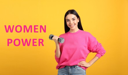 8 March greeting card. Phrase Women Power and young girl holding dumbbell on yellow background