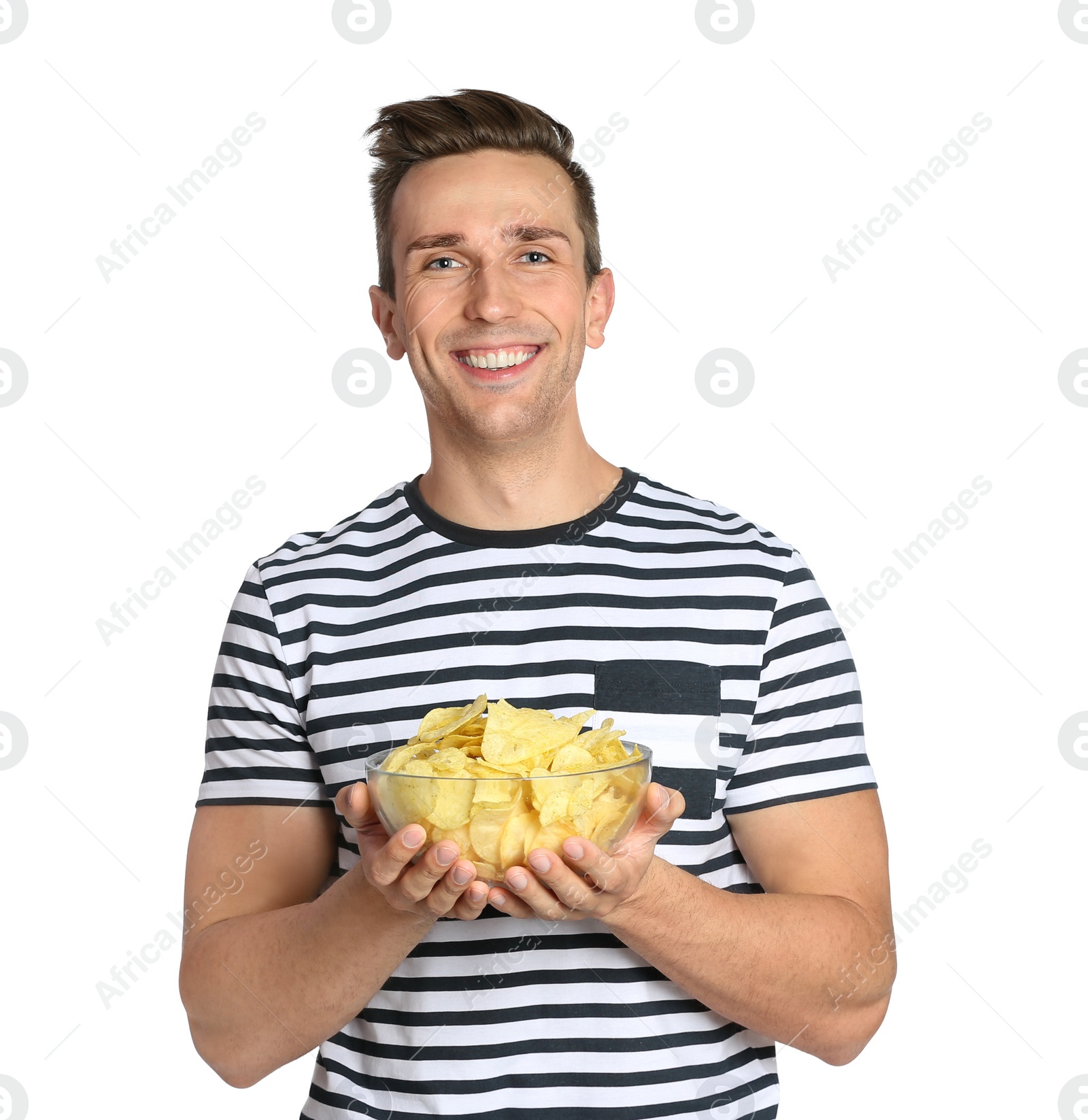 Photo of Man with bowl of potato chips on white background