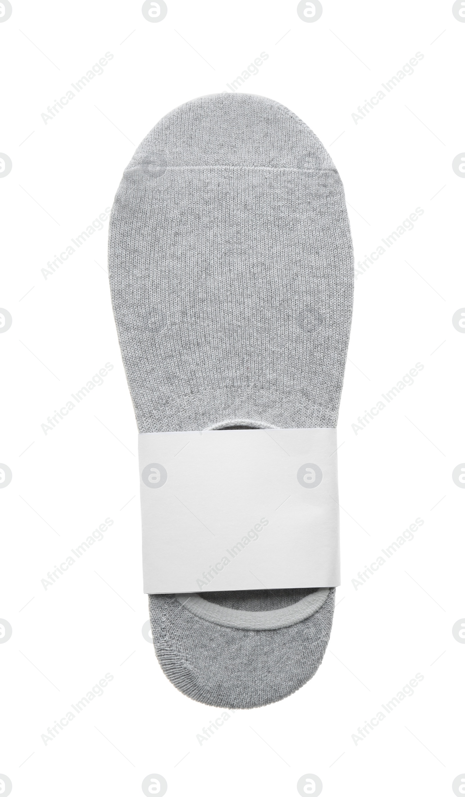 Photo of New pair of grey socks on white background