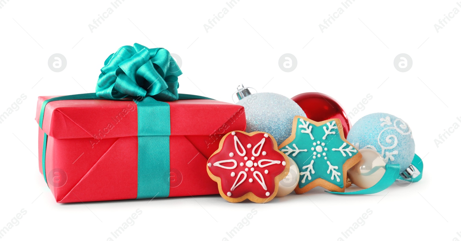 Photo of Christmas gift box with decoration on white background