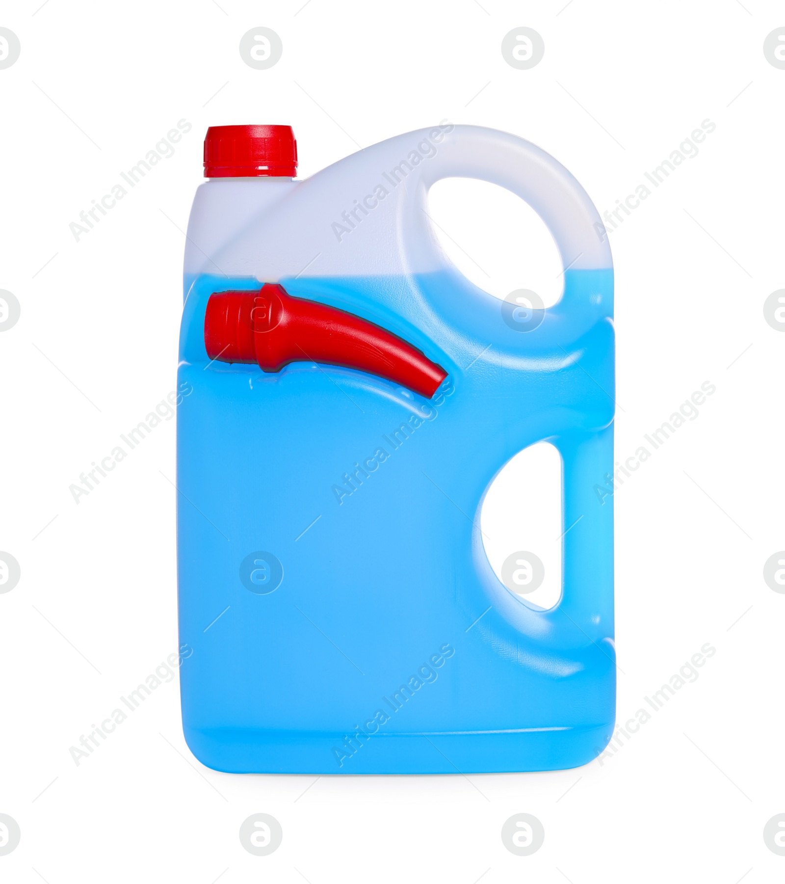 Photo of Plastic canister with blue liquid isolated on white