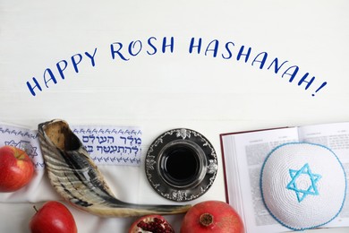 Flat lay composition with Rosh Hashanah holiday attributes and words Blessed Are You, Lord Our God, King Of The Universe, Who Has Sanctified Us With His Commandments, And Commanded Us To Enwrap Ourselves In Tzitziton in Hebrew on white wooden table