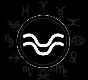 Aquarius astrological sign and zodiac wheel on black background. Illustration 