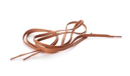 Photo of Brown shoe laces isolated on white. Stylish accessory