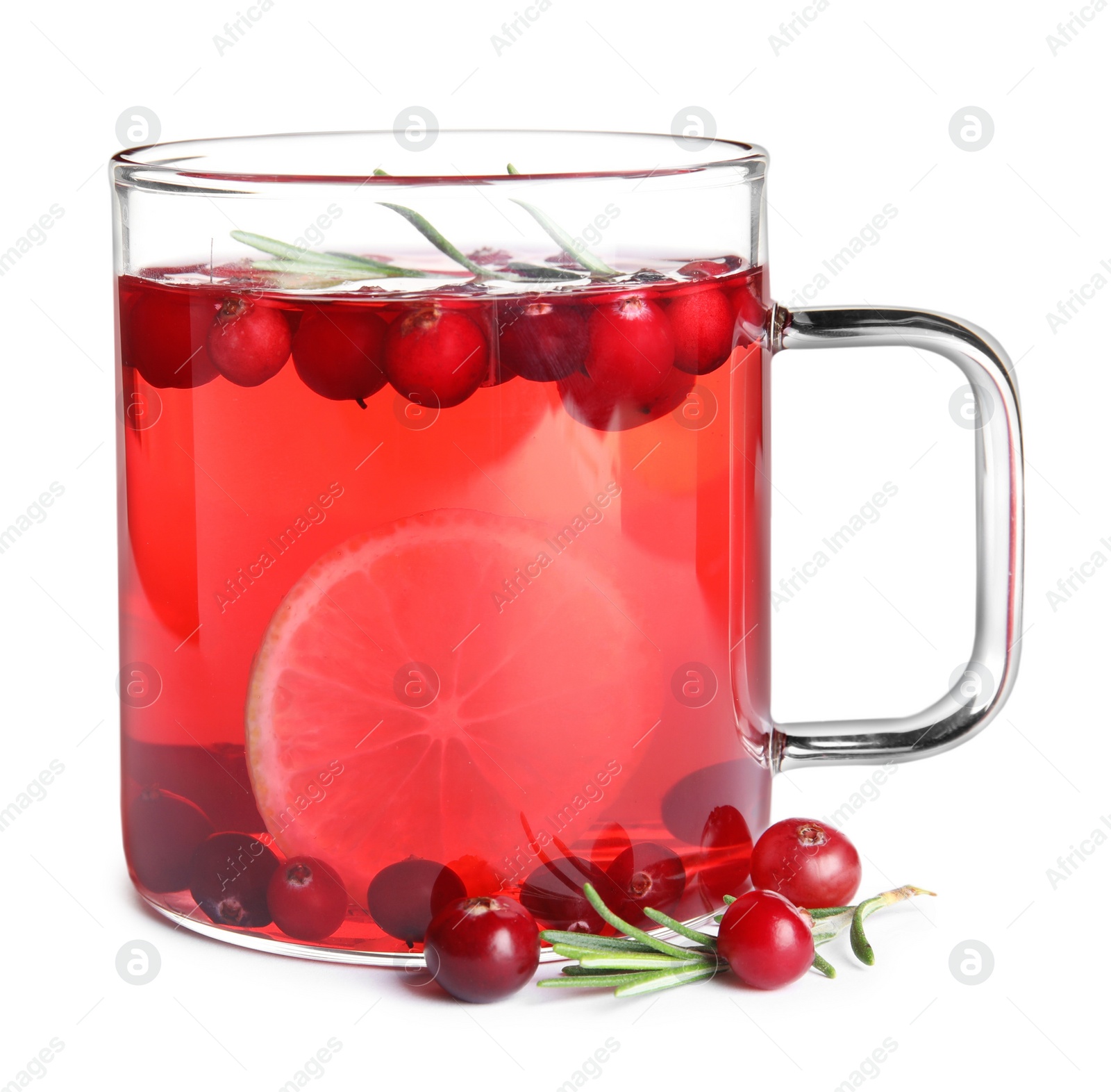 Photo of Tasty hot cranberry tea with lemon and rosemary in glass cup on white background