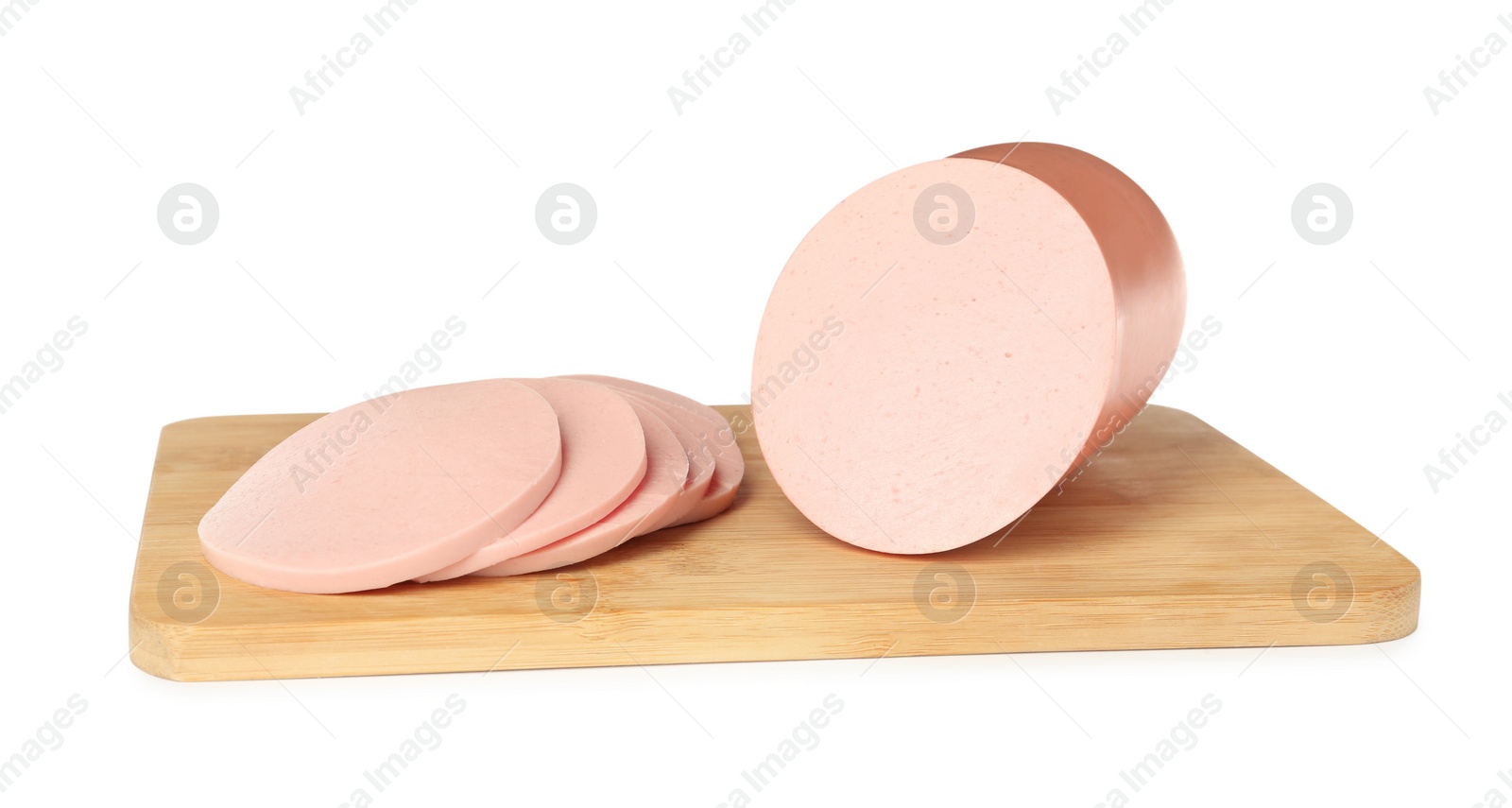 Photo of Wooden board with delicious boiled sausage isolated on white