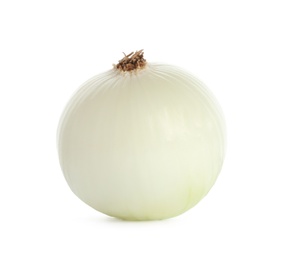 Photo of Fresh peeled onion bulb on white background